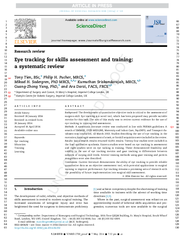 (PDF) Eye tracking for skills assessment and training: a systematic review