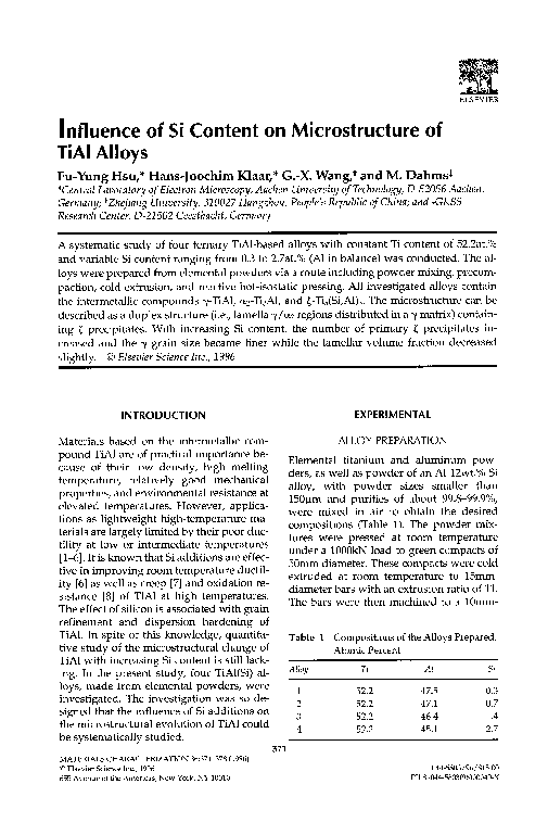 (PDF) Influence of Si content on microstructure of TiAl alloys