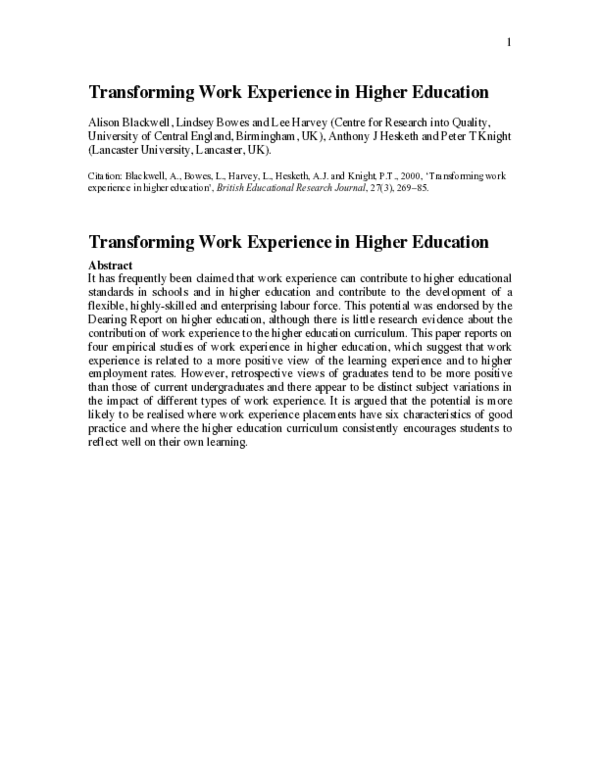 (PDF) Transforming Work Experience in Higher Education