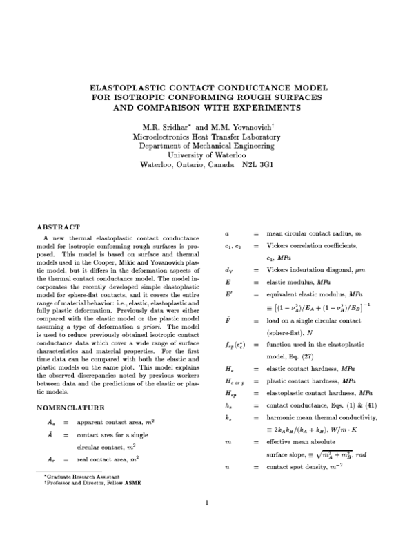 (PDF) Elastoplastic Contact Conductance Model for Isotropic Conforming ...