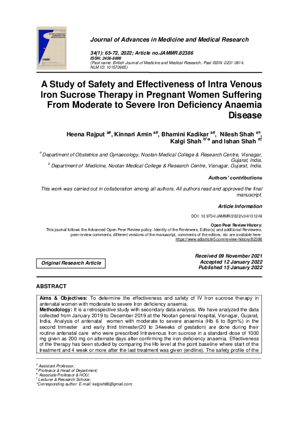 (PDF) A Study of Safety and Effectiveness of Intra Venous Iron Sucrose