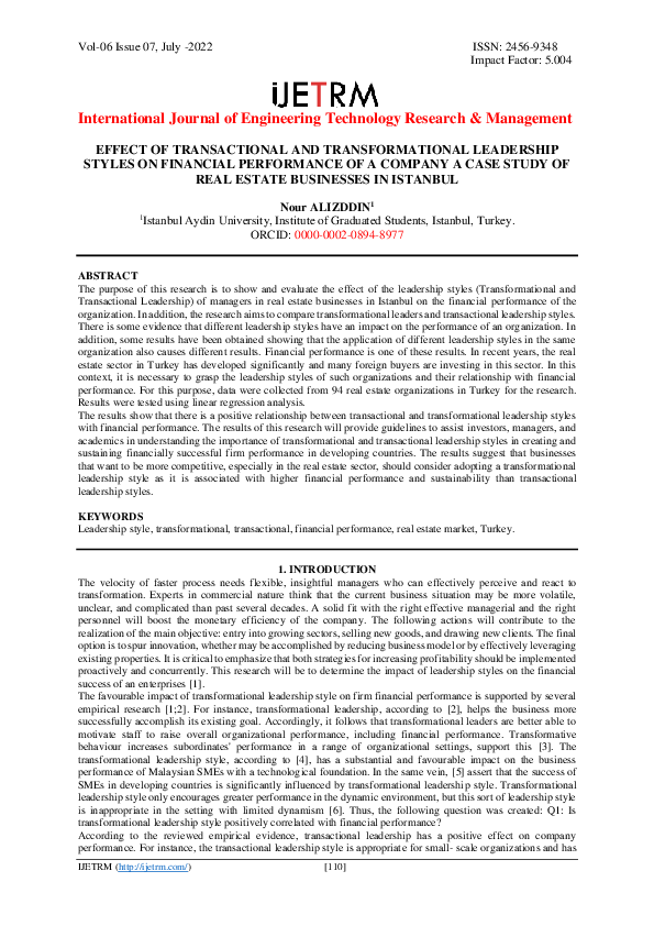 (PDF) EFFECT OF TRANSACTIONAL AND TRANSFORMATIONAL LEADERSHIP STYLES ON ...