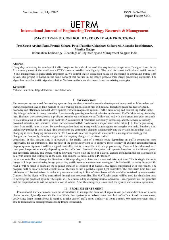 (PDF) SMART TRAFFIC CONTROL BASED ON IMAGE PROCESSING