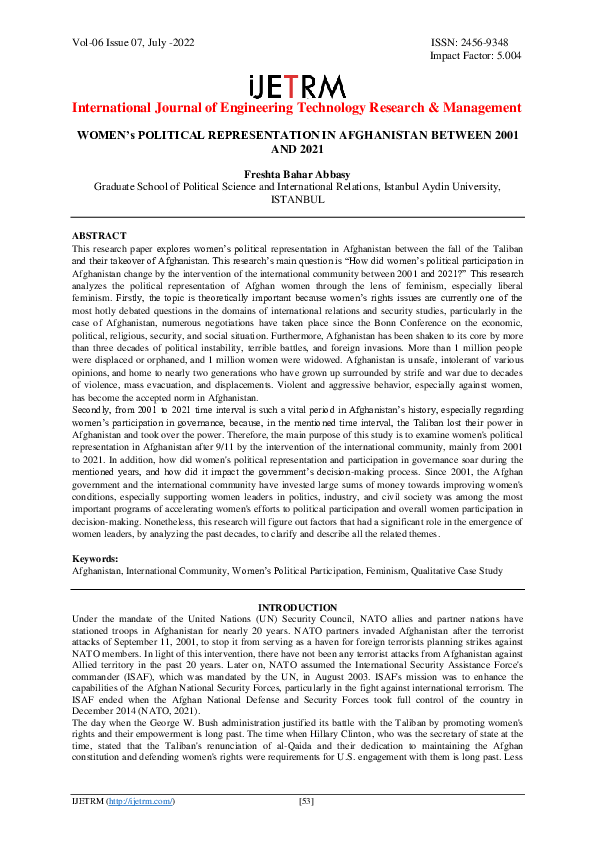 (PDF) WOMEN’s POLITICAL REPRESENTATION IN AFGHANISTAN BETWEEN 2001 AND 2021