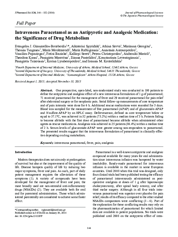(PDF) Intravenous Paracetamol as an Antipyretic and Analgesic Medication the Significance of