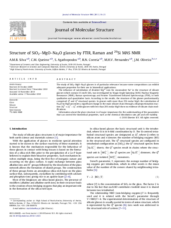 (PDF) Structure of SiO2–MgO–Na2O glasses by FTIR, Raman and 29Si MAS NMR
