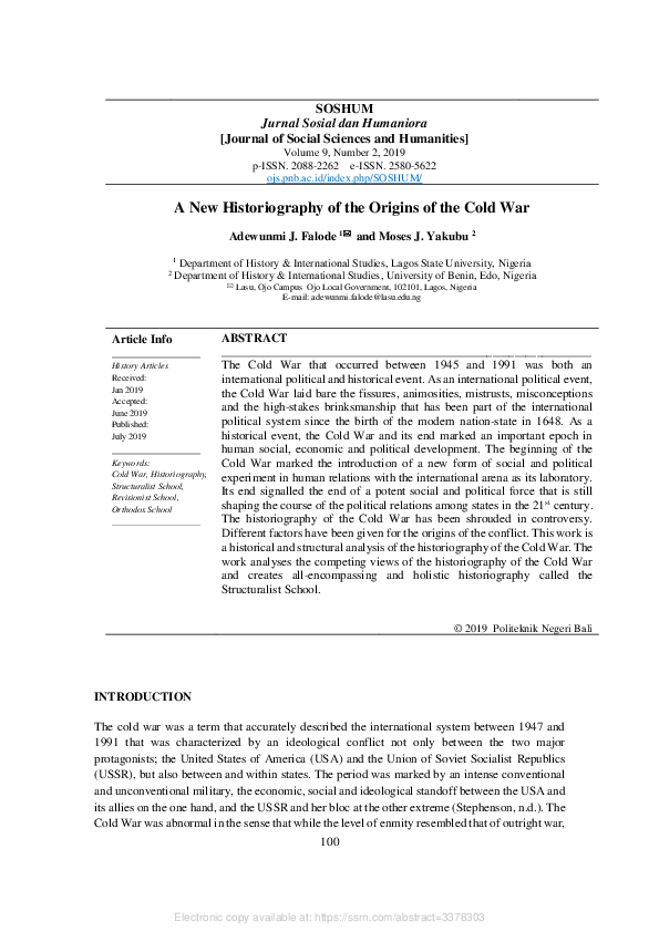 (PDF) A New Historiography of the Origins of the Cold War