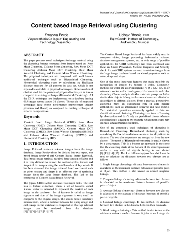 (PDF) Content based Image Retrieval using Clustering