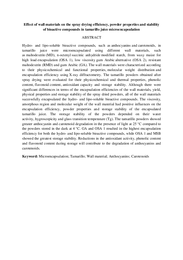 (PDF) Effect of wall materials on the spray drying efficiency, powder ...