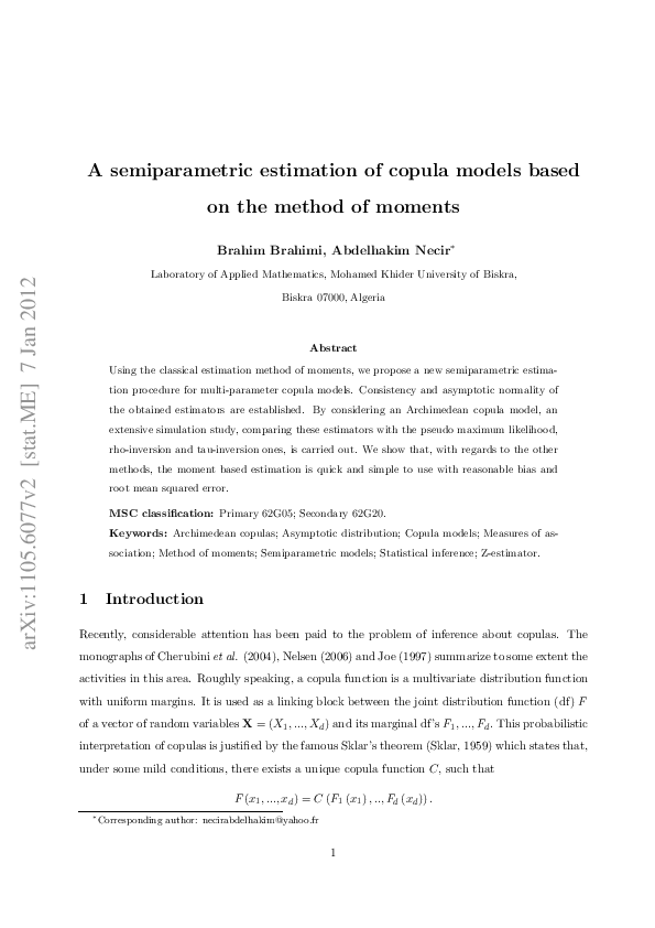 (PDF) A Semiparametric Estimation of Copula Models Based on the Method ...
