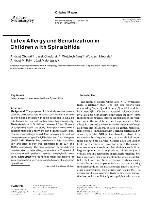 (PDF) Latex Allergy and Sensitization in Children with Spina bifida