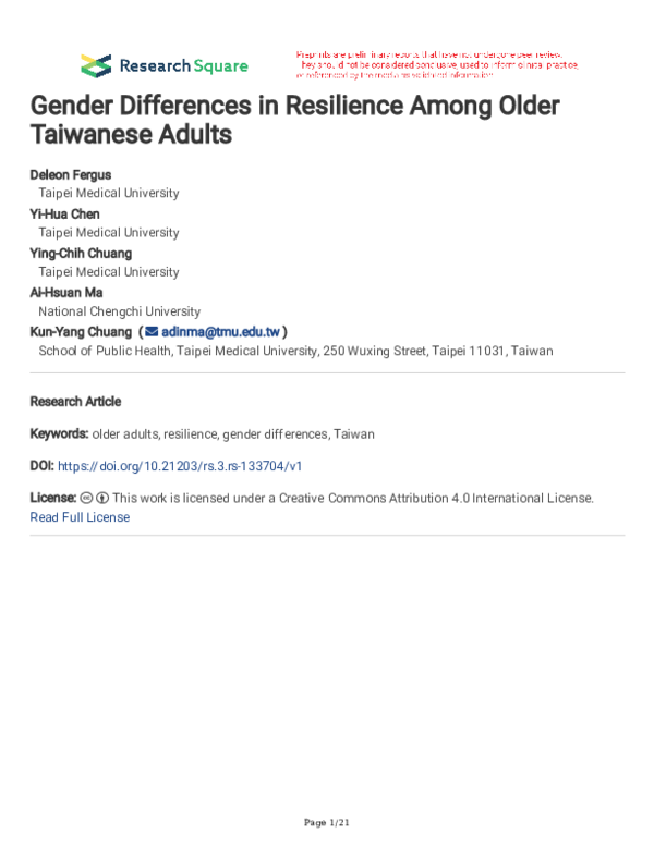 (PDF) Gender Differences in Resilience Among Older Taiwanese Adults