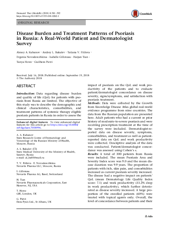 (PDF) Disease Burden and Treatment Patterns of Psoriasis in Russia: A ...