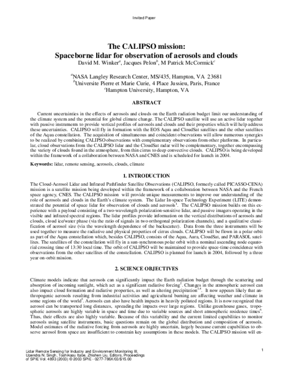 (PDF) The CALIPSO mission spaceborne lidar for observation of aerosols