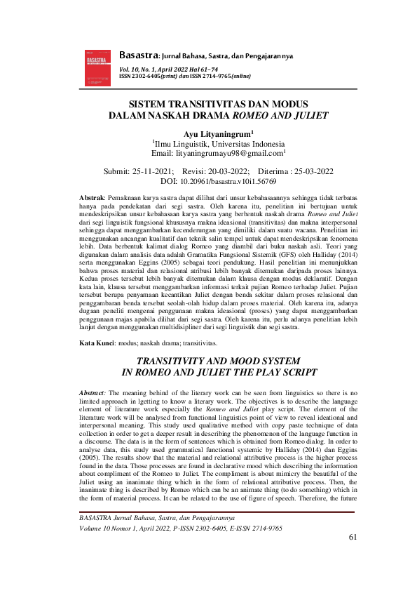 (PDF) Sistem Transitivitas Dan Modus Dalam Naskah Drama Romeo and