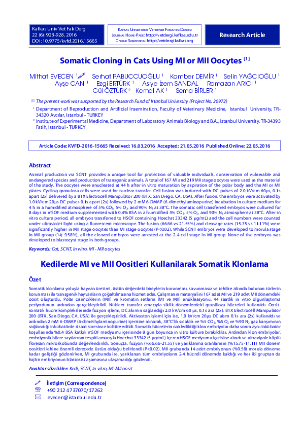 (PDF) Somatic Cloning in Cats Using MI or MII Oocytes | Serhat ...