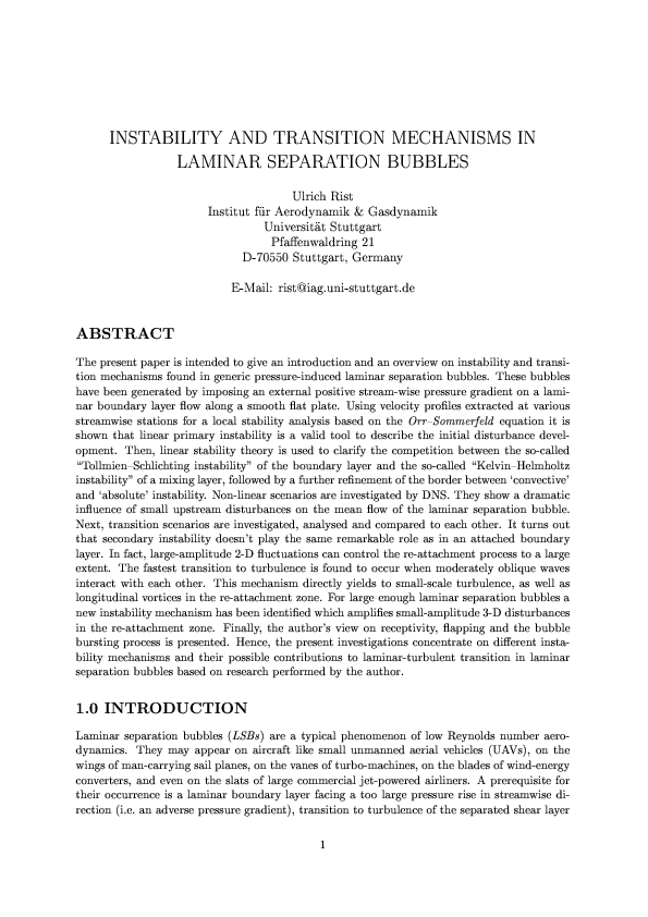 (PDF) Instability and Transition Mechanisms in Laminar Separation Bubbles