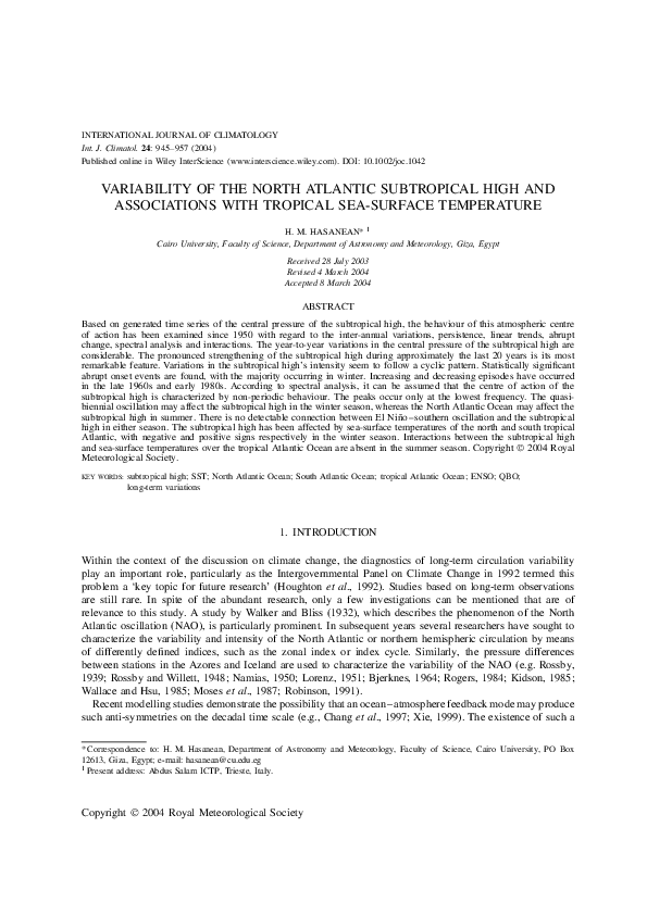 (PDF) Variability of the North Atlantic subtropical high and ...