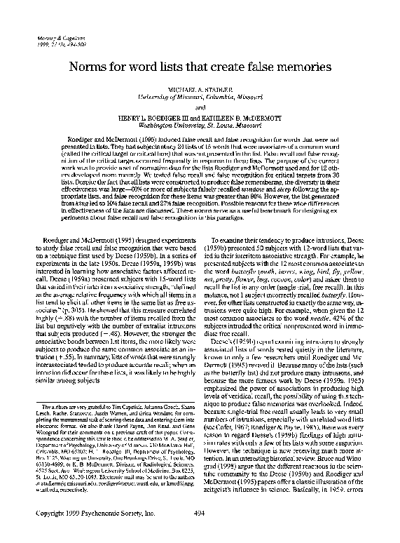 (PDF) Norms for word lists that create false memories