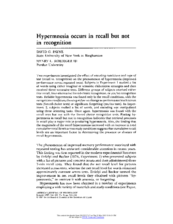 (PDF) Hypermnesia Occurs in Recall but Not in Recognition