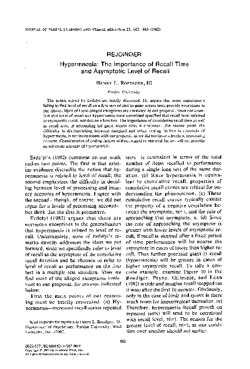 (PDF) Rejoinder: Hypermnesia: The importance of recall time and ...