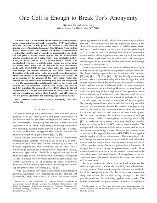 (PDF) 1One Cell is Enough to Break Tor’s Anonymity