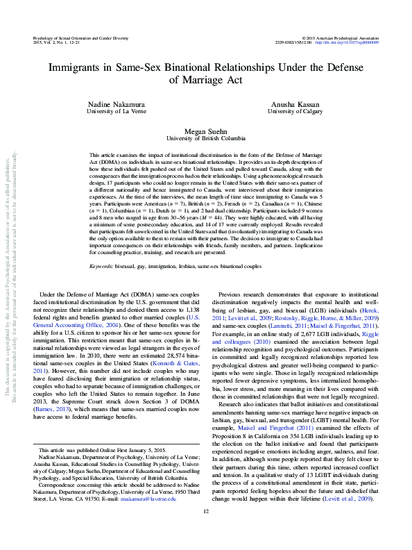 (PDF) Immigrants in Same-Sex Binational Relationships Under the Defense ...