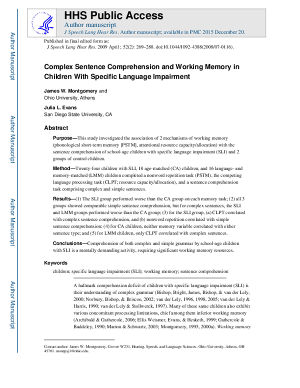 (PDF) Complex Sentence Comprehension and Working Memory in Children ...