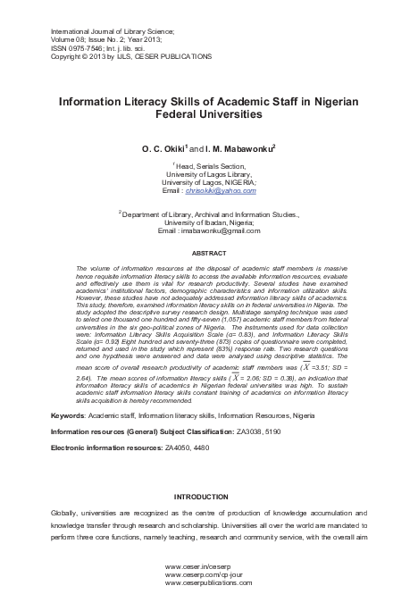 (PDF) Information Literacy Skills of Academic Staff in Nigerian Federal ...