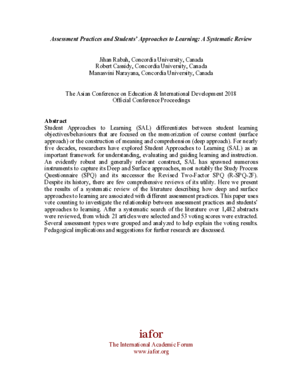 (PDF) Assessment Practices and Students’ Approaches to Learning: A ...