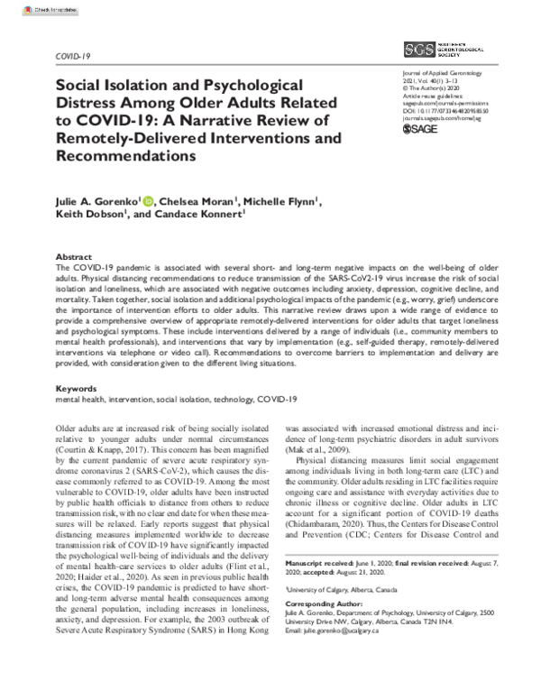 (PDF) Social Isolation and Psychological Distress Among Older Adults ...