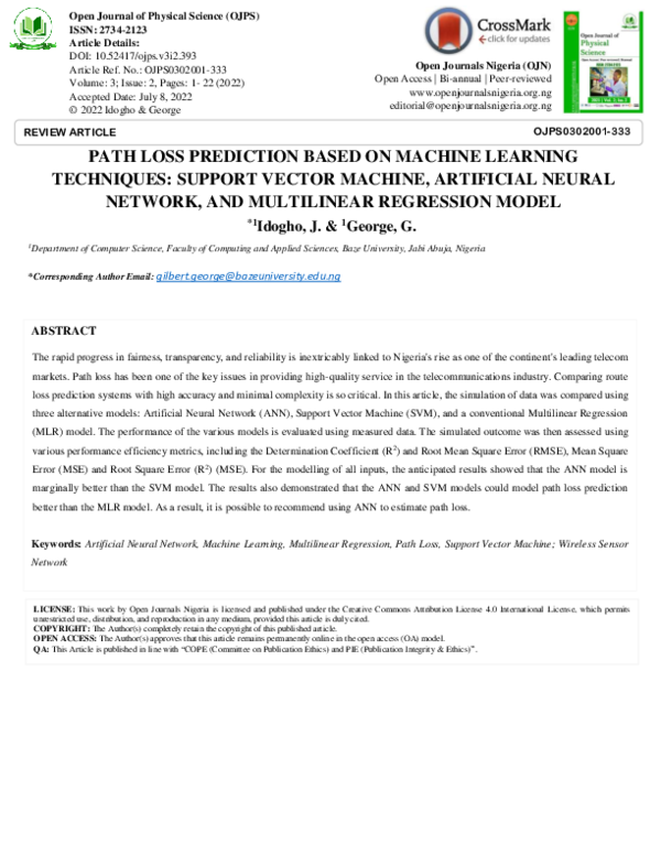 (PDF) PATH LOSS PREDICTION BASED ON MACHINE LEARNING TECHNIQUES ...