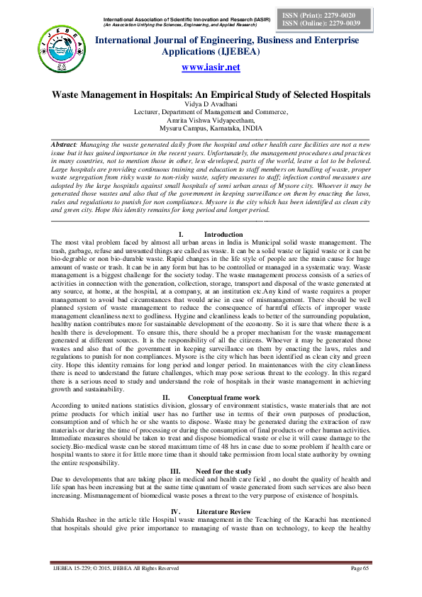 (PDF) Waste Management in Hospitals An Empirical Study of Selected