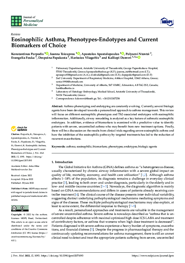 (PDF) Eosinophilic Asthma, Phenotypes-Endotypes and Current Biomarkers ...