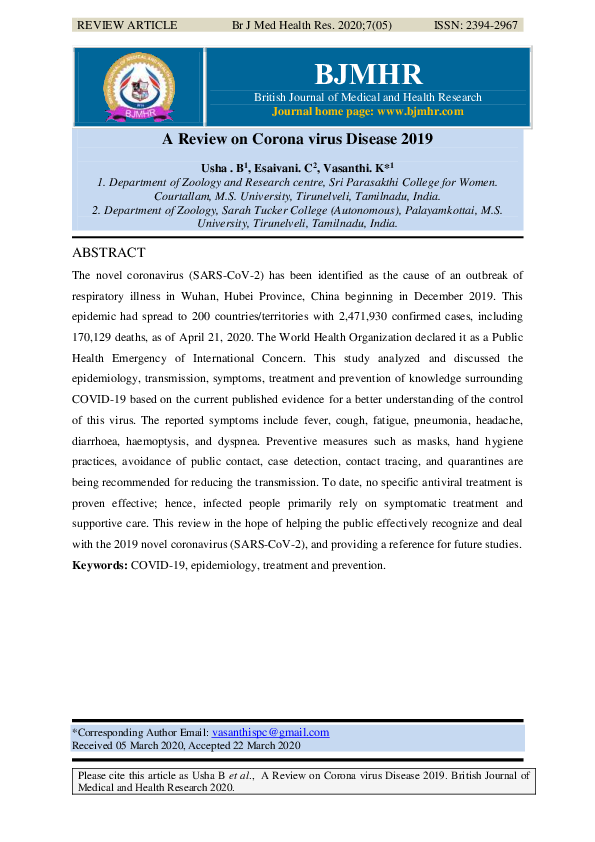 (PDF) A Review on Coronavirus Disease 2019
