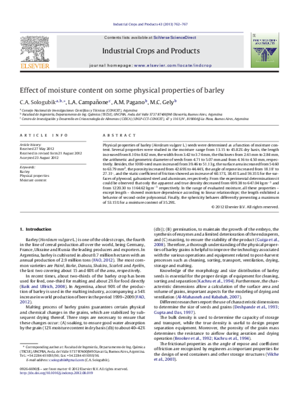 (PDF) Effect of moisture content on some physical properties of barley