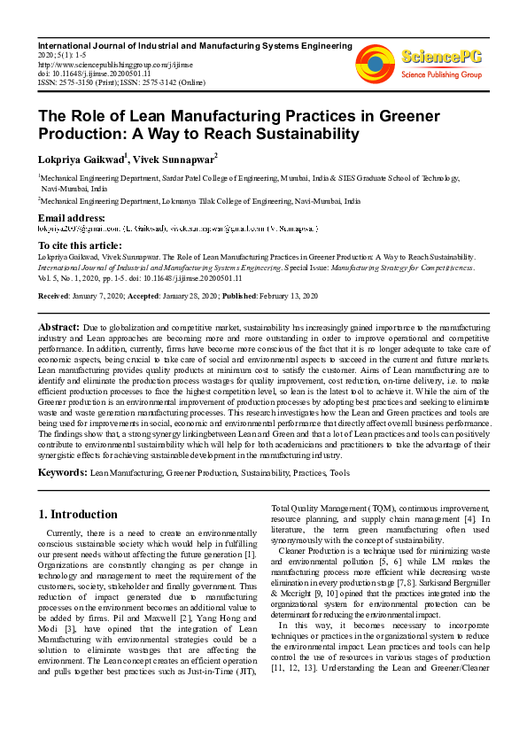 (PDF) The Role of Lean Manufacturing Practices in Greener Production: A ...