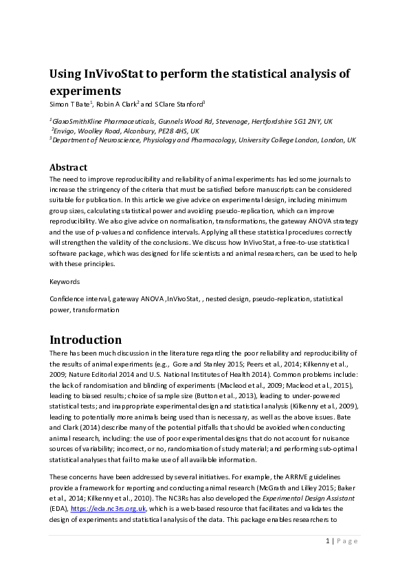 (PDF) Using InVivoStat to perform the statistical analysis of experiments
