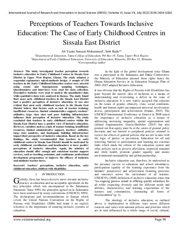 (PDF) Perceptions of Teachers Towards Inclusive Education: The Case of ...