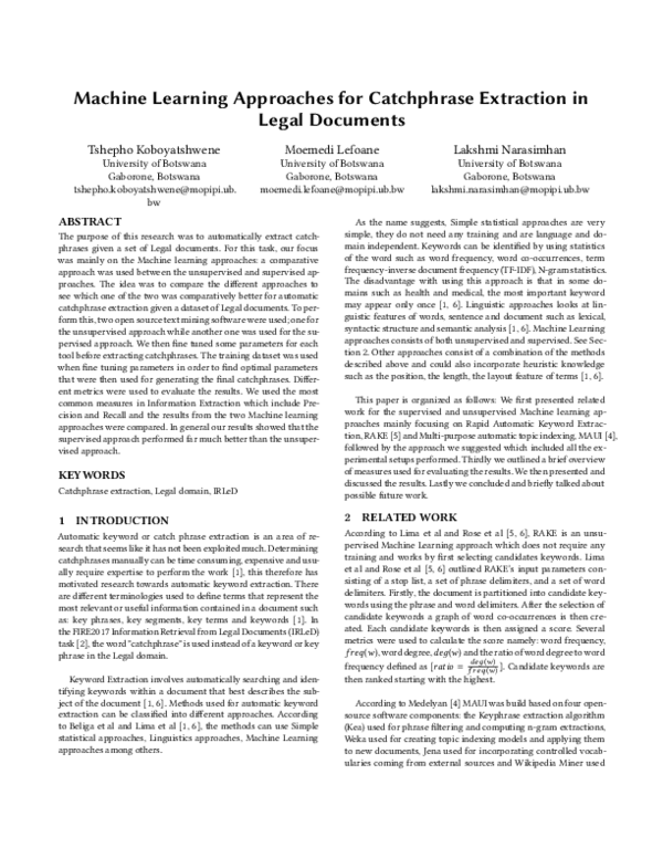 (PDF) Machine Learning Approaches for Catchphrase Extraction in Legal ...