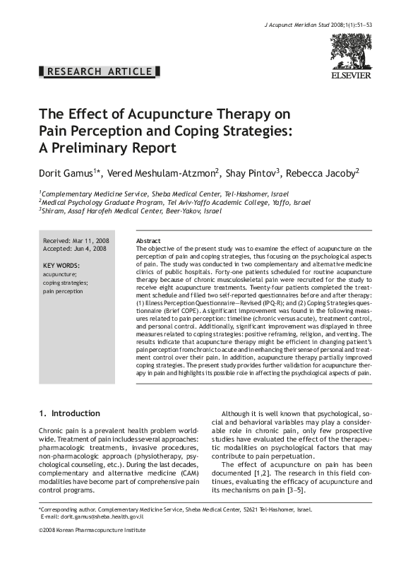 (PDF) The Effect of Acupuncture Therapy on Pain Perception and Coping ...