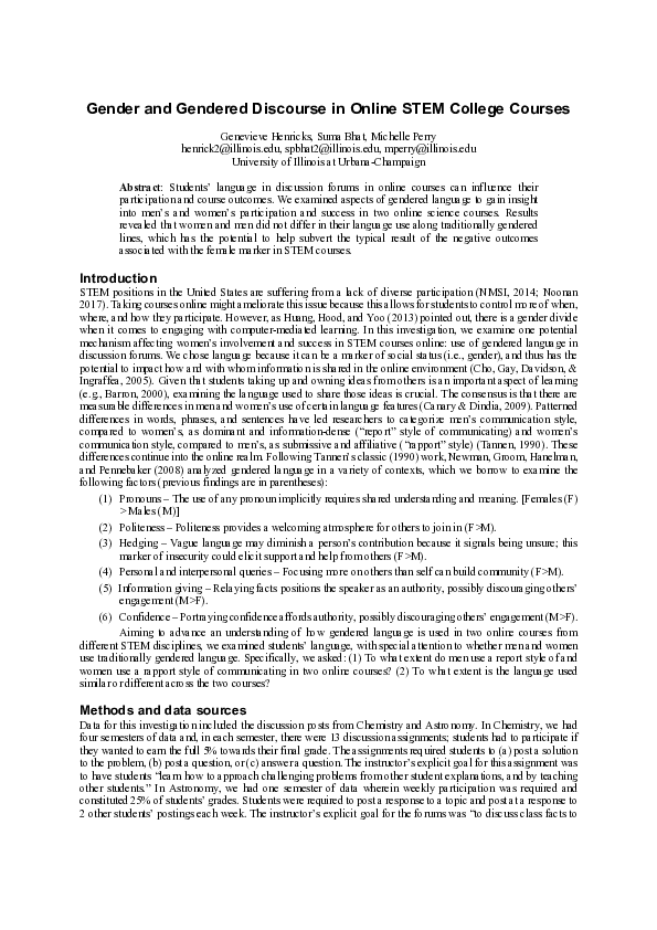 (PDF) Gender and Gendered Discourse in Online STEM College Courses