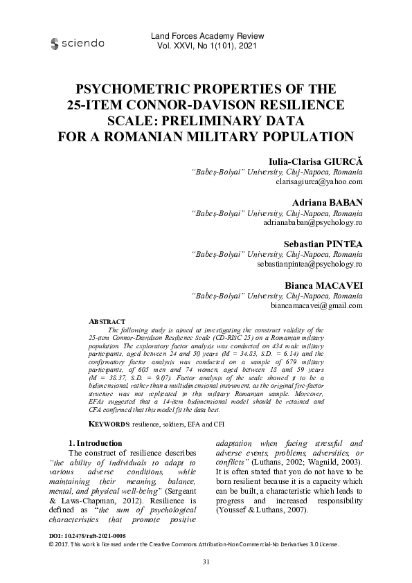 (PDF) Psychometric Properties of the 25-Item Connor-Davison Resilience ...