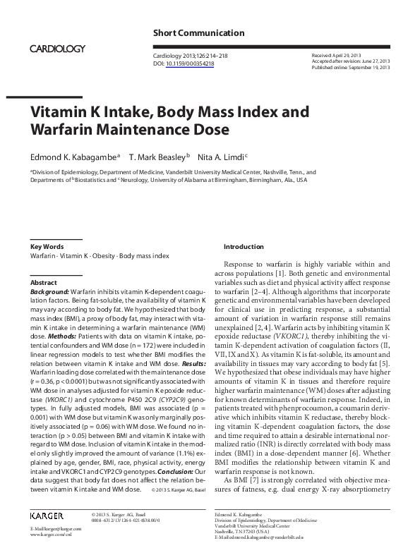 (PDF) Vitamin K Intake, Body Mass Index and Warfarin Maintenance Dose