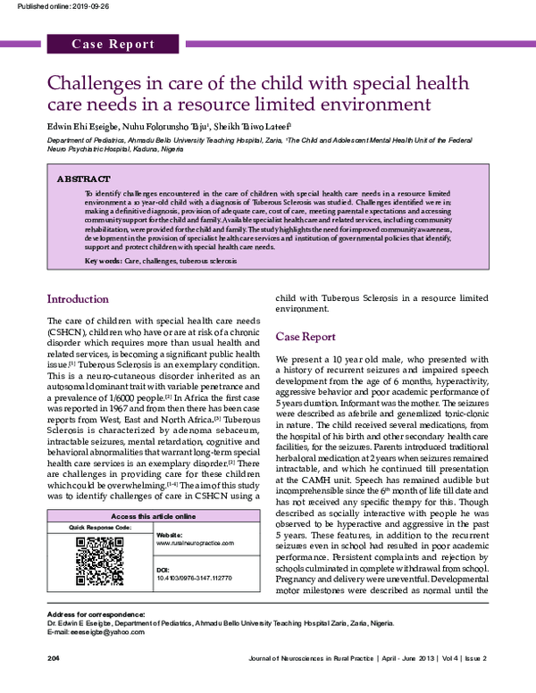 (PDF) Challenges in care of the child with special health care needs in ...