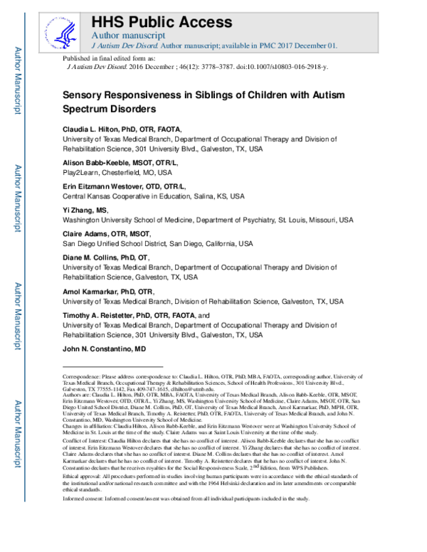 (PDF) Sensory Responsiveness in Siblings of Children with Autism ...