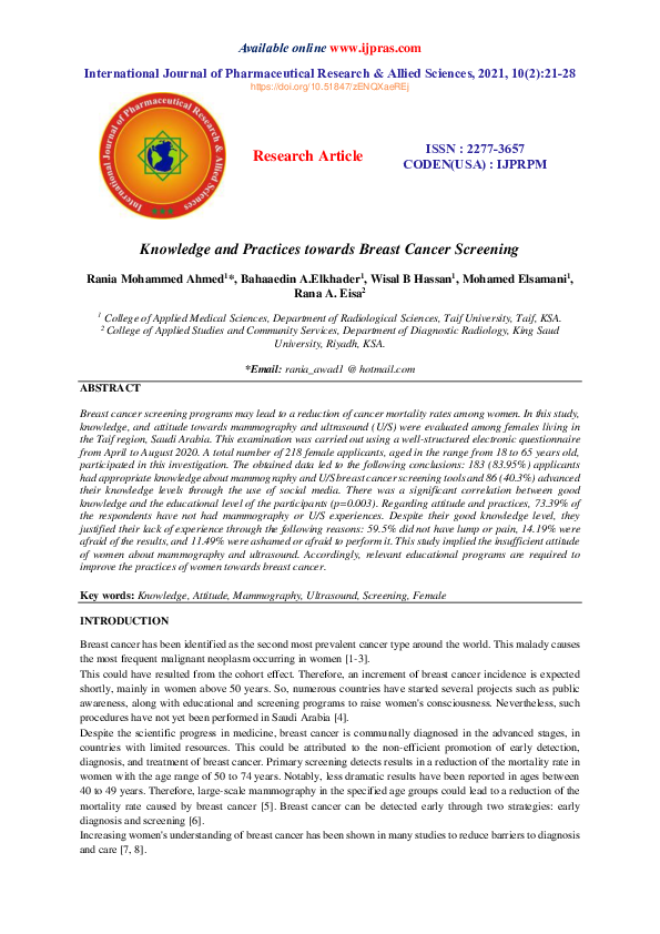 (PDF) Knowledge and Practices towards Breast Cancer Screening