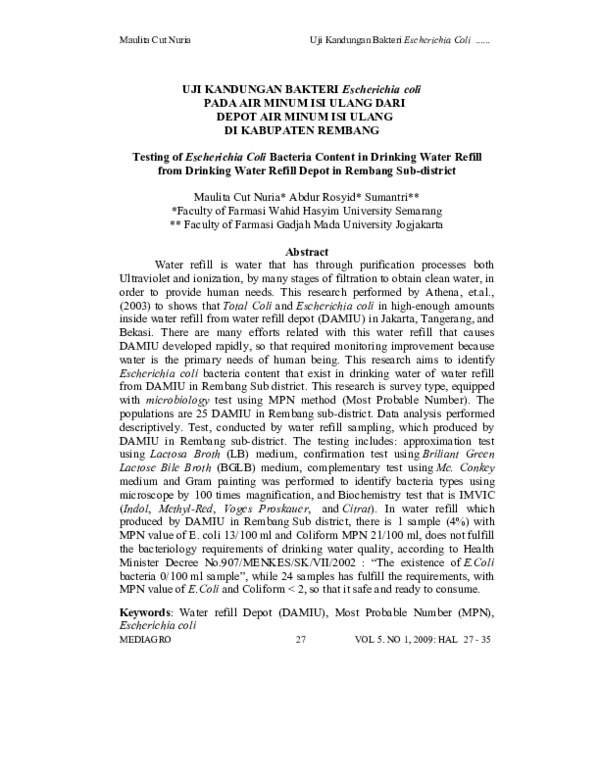 (PDF) UJI KANDUNGAN BAKTERI Escherichia coli PADA AIR MINUM ISI ULANG ...