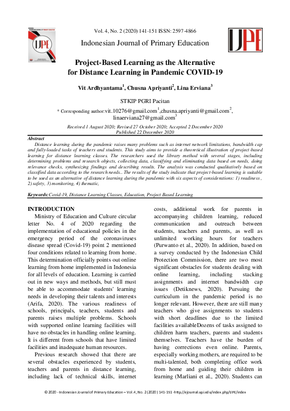 (PDF) Project-Based Learning as the Alternative for Distance Learning ...