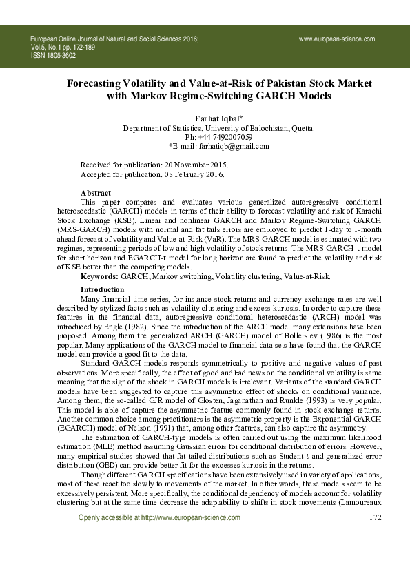 (PDF) Forecasting Volatility and Value-at-Risk of Pakistan Stock Market ...